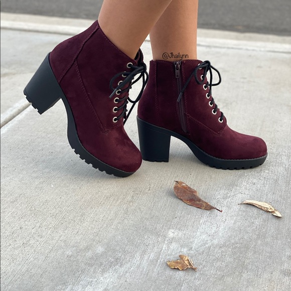 Fabutiq Shoes - Wine/Burgundy Ankle combat high heel laced boots
